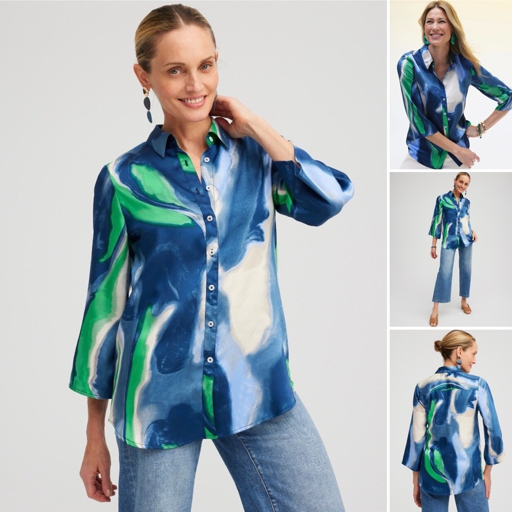 CHICO’S Satin Shirt Button Down Drama Flare 3/4 Sleeve Swirl Print Colla…